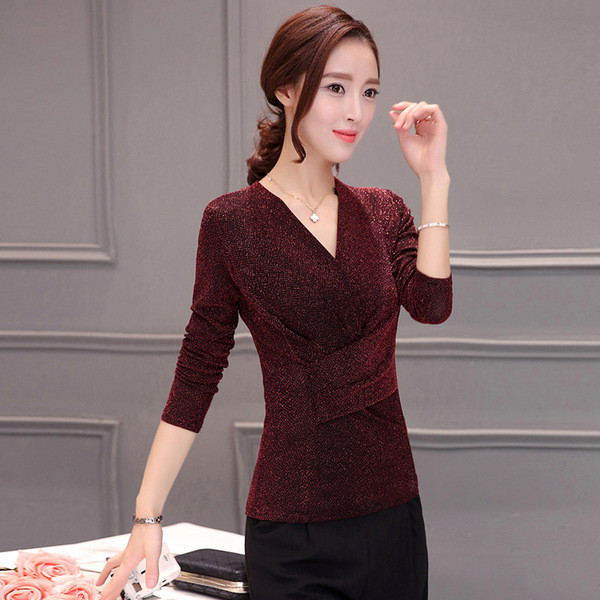 Κομψή  γυναικεία μπλούζα με μακριά μανίκια σε τρία χρώματα V-neck