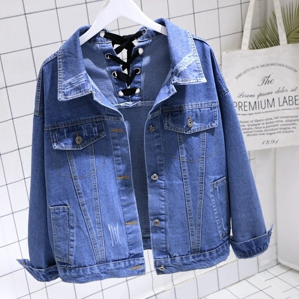 Спортно-ежедневно дамско дънково яке с кръстосани връзки на гърба 