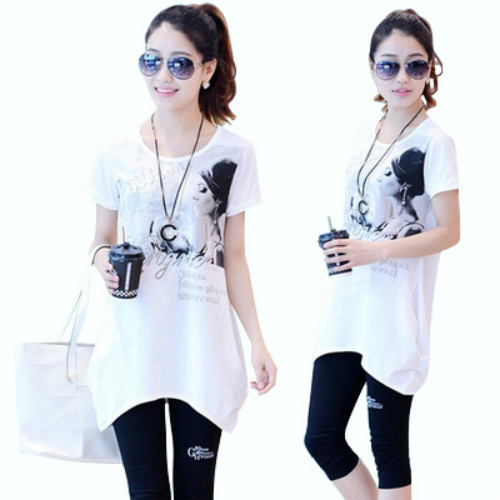 Γυναικείο μακρύ μπλουζάκι σε δύο χρώματα με εκτύπωση και τσέπη