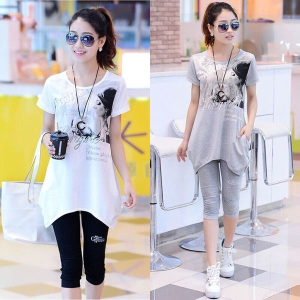 Γυναικείο μακρύ μπλουζάκι σε δύο χρώματα με εκτύπωση και τσέπη