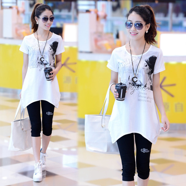 Γυναικείο μακρύ μπλουζάκι σε δύο χρώματα με εκτύπωση και τσέπη