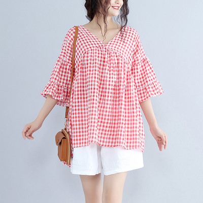 Дамска карирана риза широк модел в два цвята с 3/4 ръкав