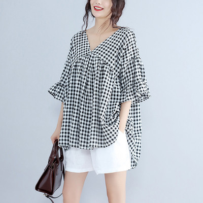 Дамска карирана риза широк модел в два цвята с 3/4 ръкав