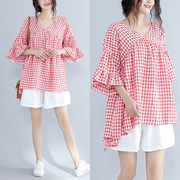 Дамска карирана риза широк модел в два цвята с 3/4 ръкав