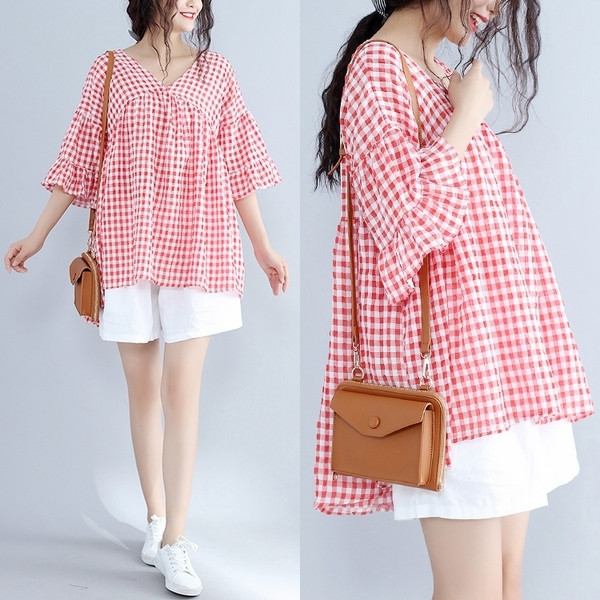 Дамска карирана риза широк модел в два цвята с 3/4 ръкав