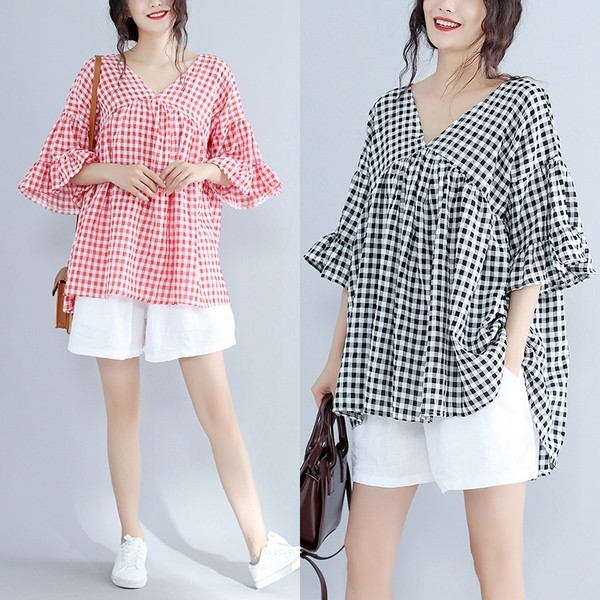 Дамска карирана риза широк модел в два цвята с 3/4 ръкав