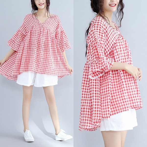 Дамска карирана риза широк модел в два цвята с 3/4 ръкав