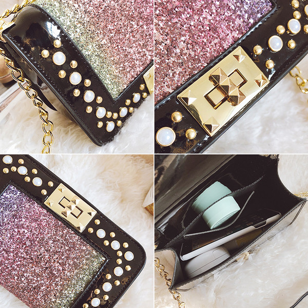 Mini geantă de mână strălucitoare în negru cu decor cu pietre