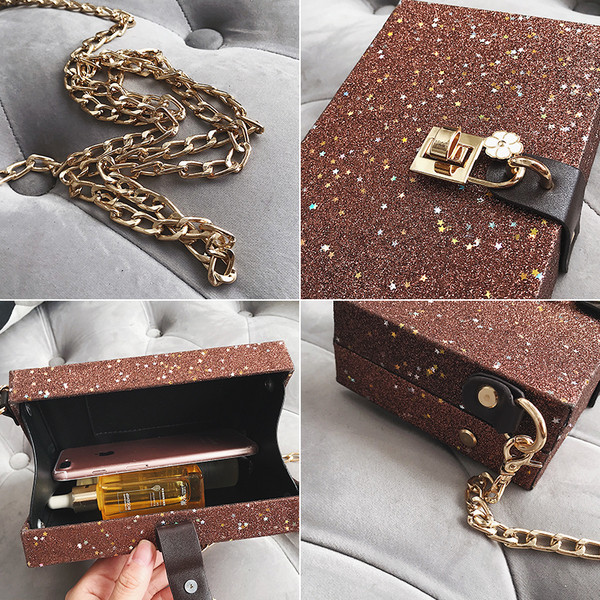 Елегантна мини дамска чанта с метална дръжка и лъскави частици