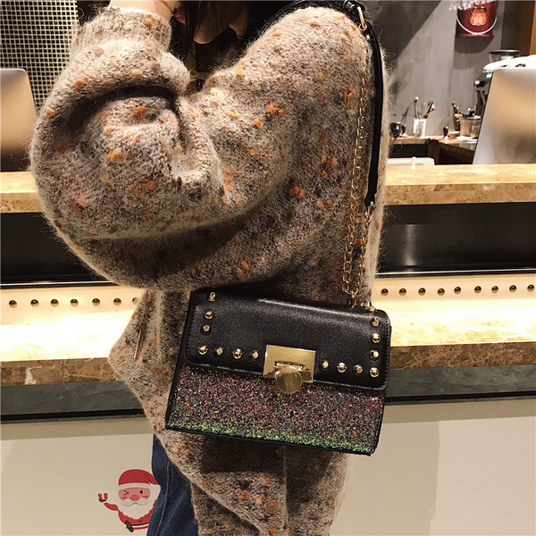 Mini geantă de mână elegantă, cu decor metalic și particule strălucitoare