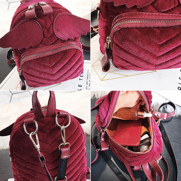 Mini rucsac elegant de dama din catifea cu decor 3D aripi, in diferite culori