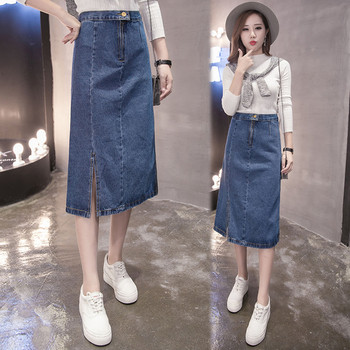 Κομψή γυναικεία φούστα denim με υψηλή μέση κάτω από το γόνατο σε μπλε και μαύρο χρώμα