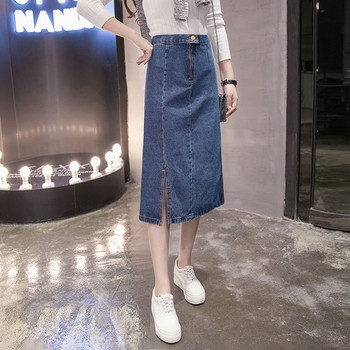 Κομψή γυναικεία φούστα denim με υψηλή μέση κάτω από το γόνατο σε μπλε και μαύρο χρώμα