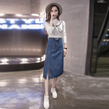 Κομψή γυναικεία φούστα denim με υψηλή μέση κάτω από το γόνατο σε μπλε και μαύρο χρώμα