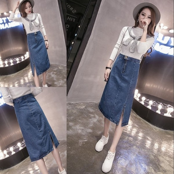 Κομψή γυναικεία φούστα denim με υψηλή μέση κάτω από το γόνατο σε μπλε και μαύρο χρώμα