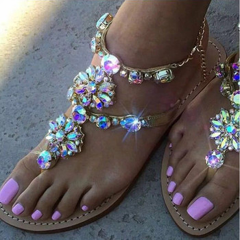 Модерни дамски ежедневни сандали с равна подметка и декоративни камъни в сребрист и златист цвят