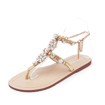 Sandale casual de dama moderne cu talpa plata si pietre decorative de culoare argintiu si auriu