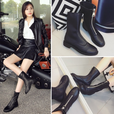 γυναικείες μοντέρνες μαύρες μπότες χαμηλού τακουνιού με φερμουάρ