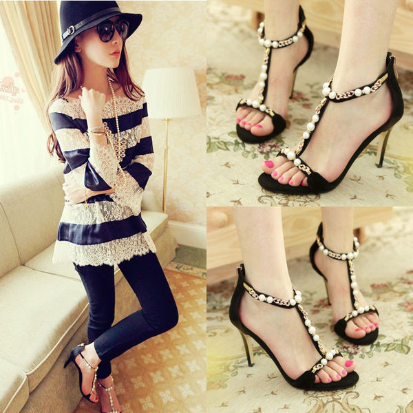 Aktuális női vékony sarkú szandál dekorgyöngyökkel fekete színben