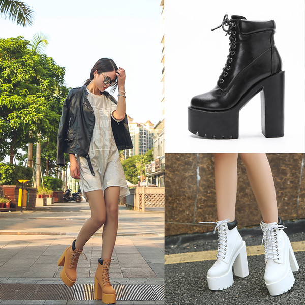 Ghete de dama moderne cu toc inalt si talpa inalta cu sireturi in trei culori