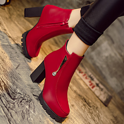 Women`s high-heeled boots in two colors with metal elements and down