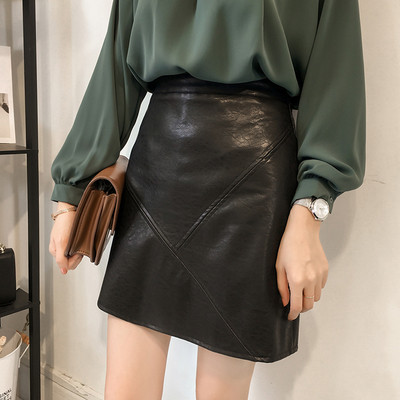 Стилна дамска кожена пола с висока талия в сив, черен и кафяв цвят