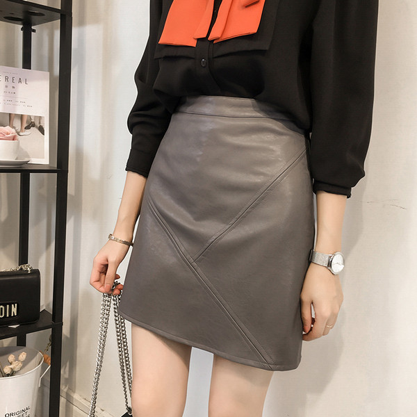 Stílusos női bőrszoknya magas derékkal, szürke, fekete és barna színekben