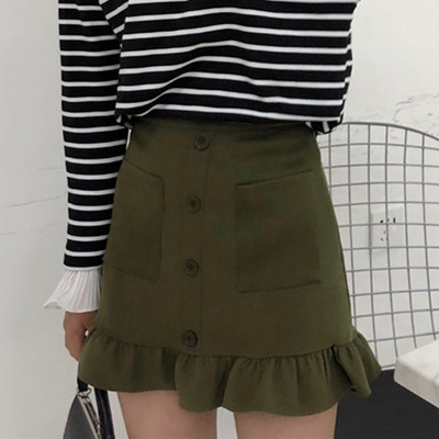 Lezser, lezser női szoknya magas derékkal, zöld, barna és fekete zsebekkel