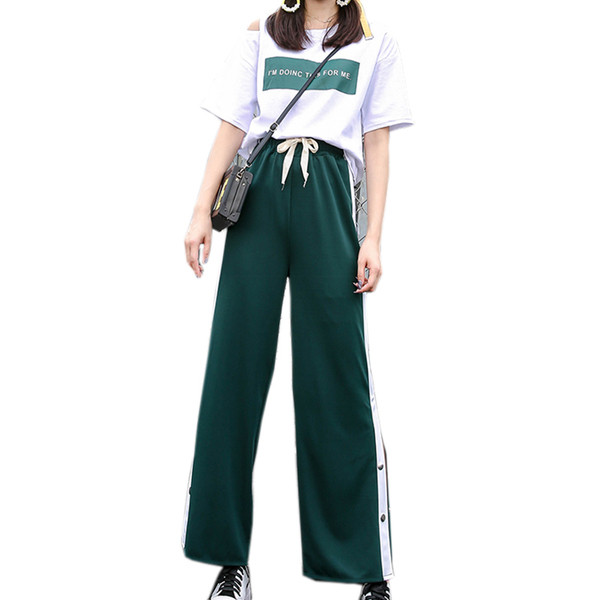 Set sport de dama din doua parti-tricou + pantaloni freestyle cu talie inalta si margini colorate