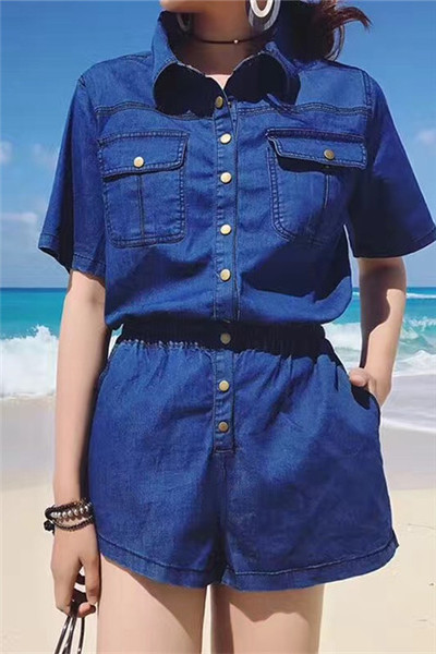 Salopeta de dama din denim cu talie inalta si buzunare