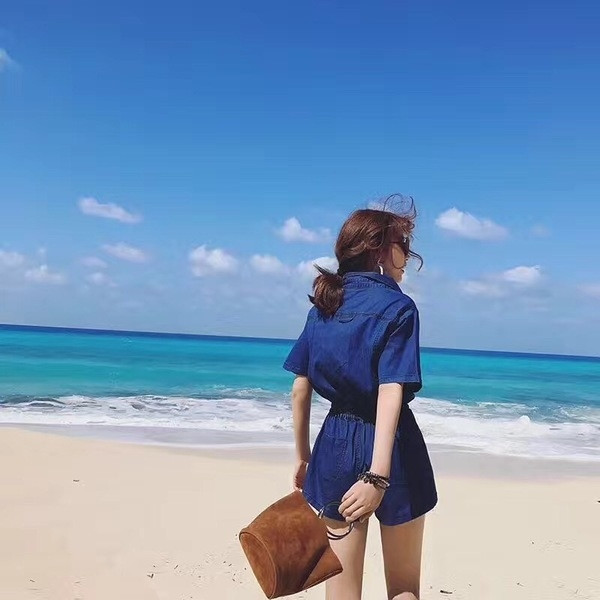 Salopeta de dama din denim cu talie inalta si buzunare