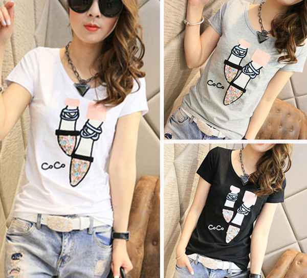 Tricou dama primavara-vara cu maneca scurta cu broderie cu paiete in trei culori