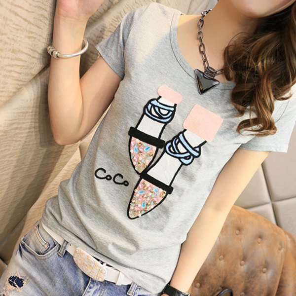 Tricou dama primavara-vara cu maneca scurta cu broderie cu paiete in trei culori