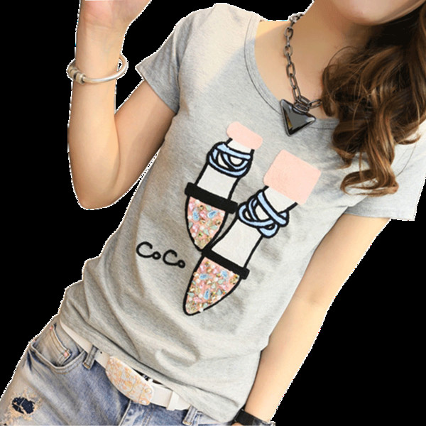 Tricou dama primavara-vara cu maneca scurta cu broderie cu paiete in trei culori