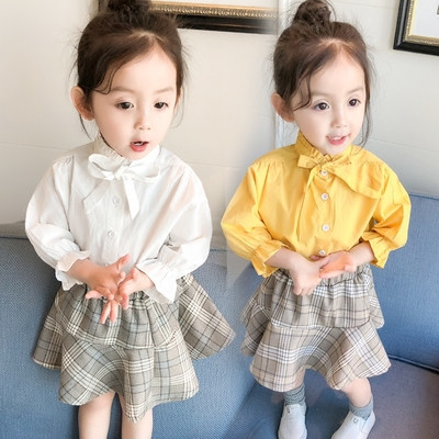 Модерен детски комплект от две части-риза+карирана пола в два цвята