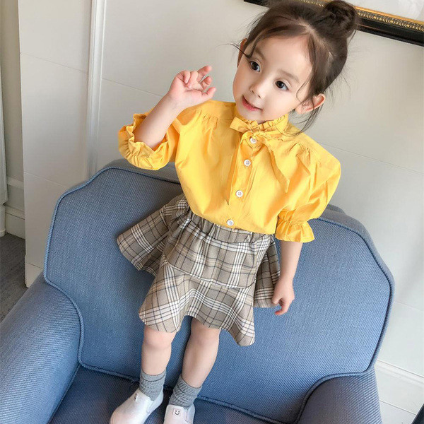 Modern, két részből álló gyerekgarnitúra-ing + kockás szoknya két színben