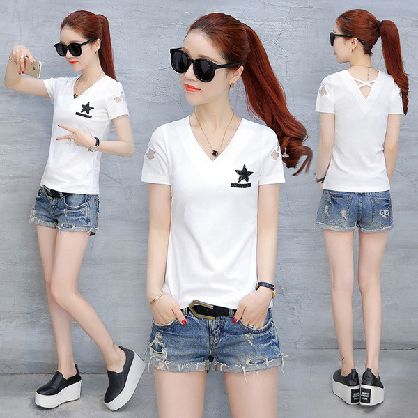 Női póló hímzéssel a vállán és megkötős hátul különböző modellekben - rövid és hosszú ujjú