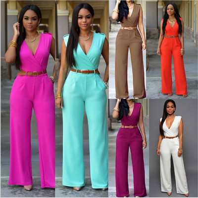 Stylish women`s long jumpsuit with a deep V-neck and a decorative belt in many colors