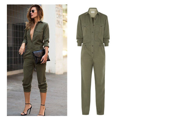 Salopetă de damă sportivă-elegantă, cu lungime de 9/10 și decolteu în V reglabil cu nasturi