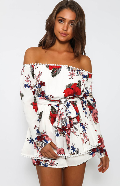 Salopetă de vară de damă aerisită cu umerii căzuți în stil liber cu motiv floral în două culori