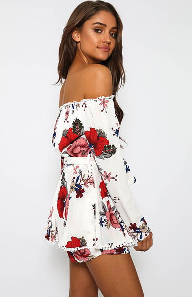 Salopetă de vară de damă aerisită cu umerii căzuți în stil liber cu motiv floral în două culori