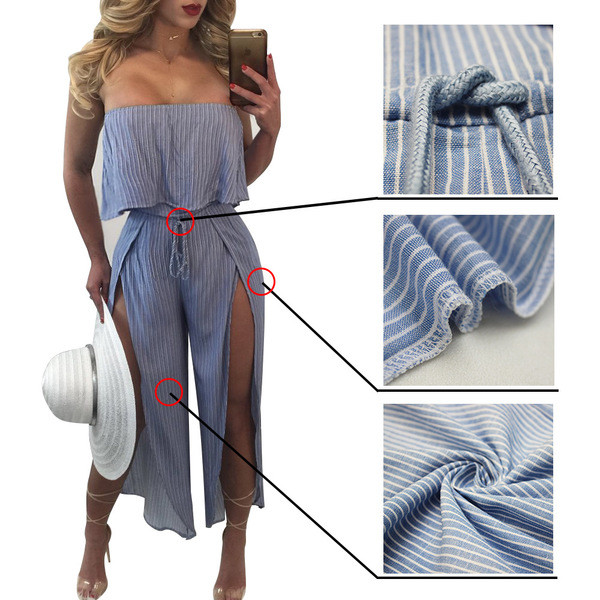 Egy éteri hosszú női csíkos overál ejtett hasítással