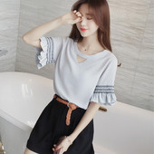 Bluză din șifon cu decolteu în V și mâneci largi cu tricot în diferite culori