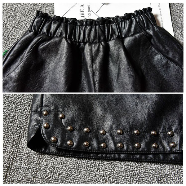 Pantaloni scurti de dama din piele ecologica cu talie elastica si elemente metalice