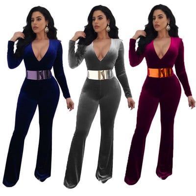 Stylish women`s velvet slim jumpsuit with V-neck in several colors