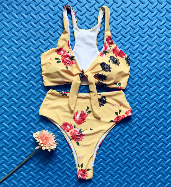 Costum de baie modern din două piese de damă cu imprimeu floral și bikini cu talie înaltă