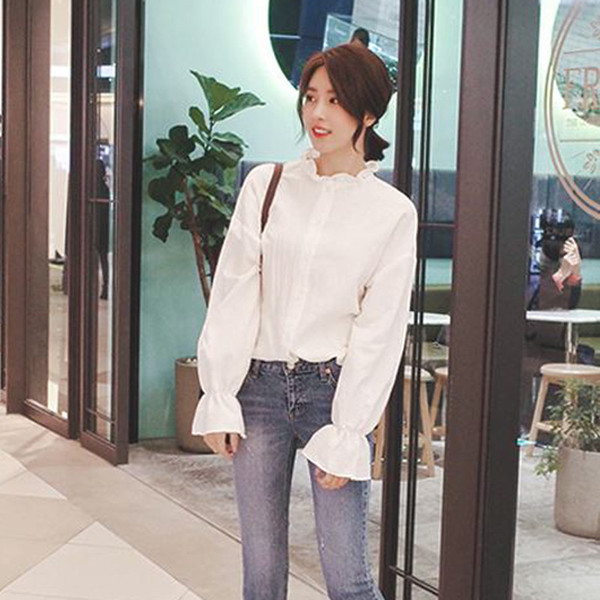 Cămașă cu mânecă lungă de damă, lejeră, de culoare albă