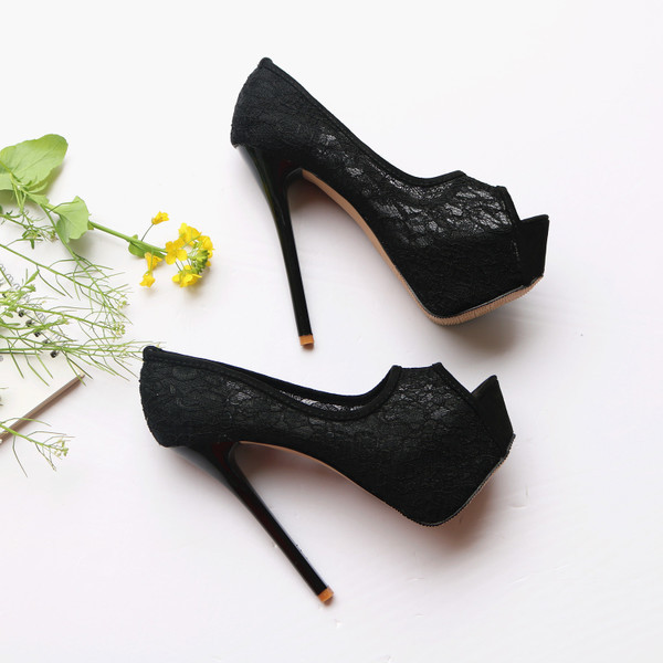 Pantofi de dama din dantela in trei culori de toc inalt cu varf deschis