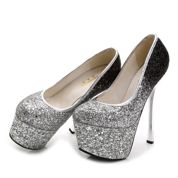 Pantofi de dama stralucitori in doua culori de tocuri inalte cu talpa inalta