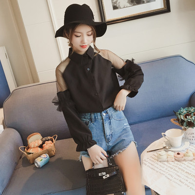 Μοντέρνο γυναικείο πουκάμισο με μακριά μανίκια με διαφανείς ώμους σε διάφορα χρώματα